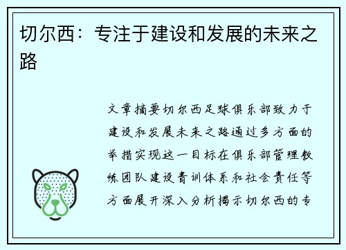 切尔西：专注于建设和发展的未来之路